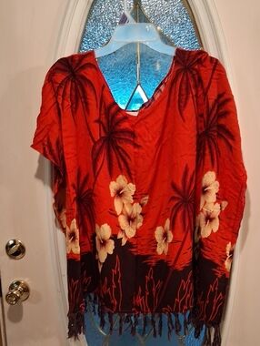 Red Floral V-Neck Beach Top with Fringe